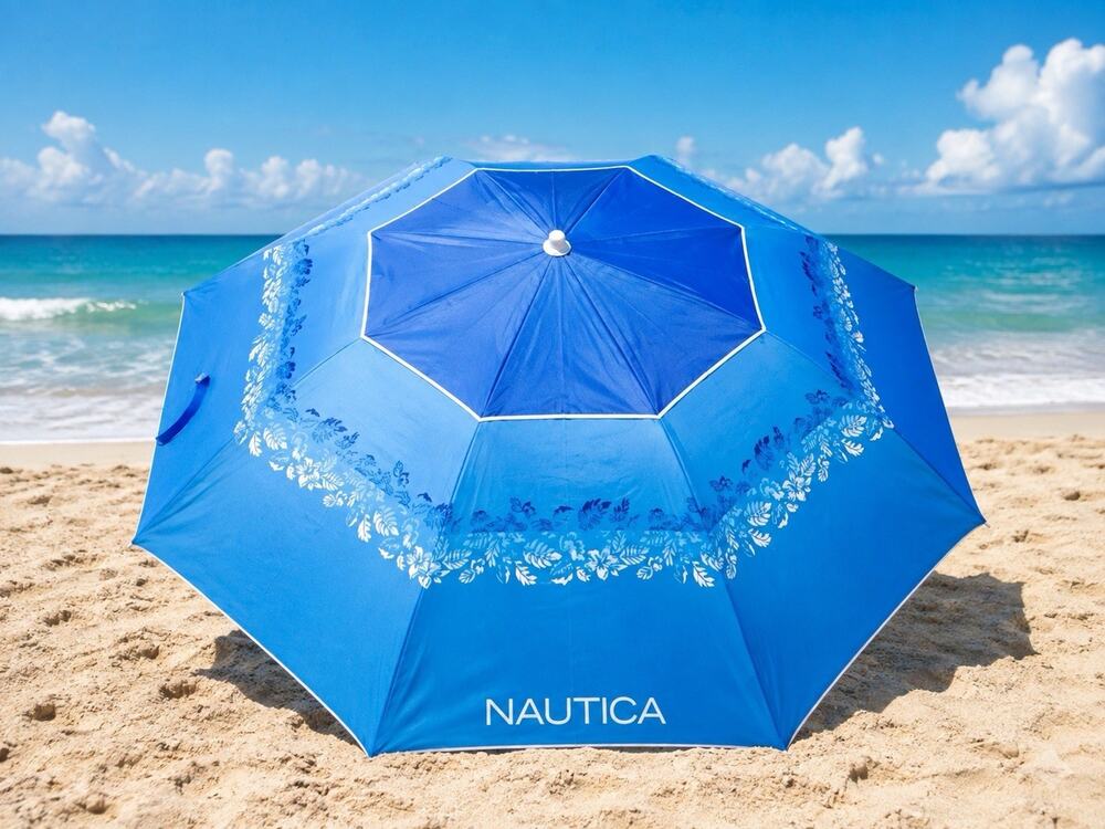 Nautica 7ft ISLAND STRIPES Beach Umbrella - UPF 50 - NEW With Carrying Bag